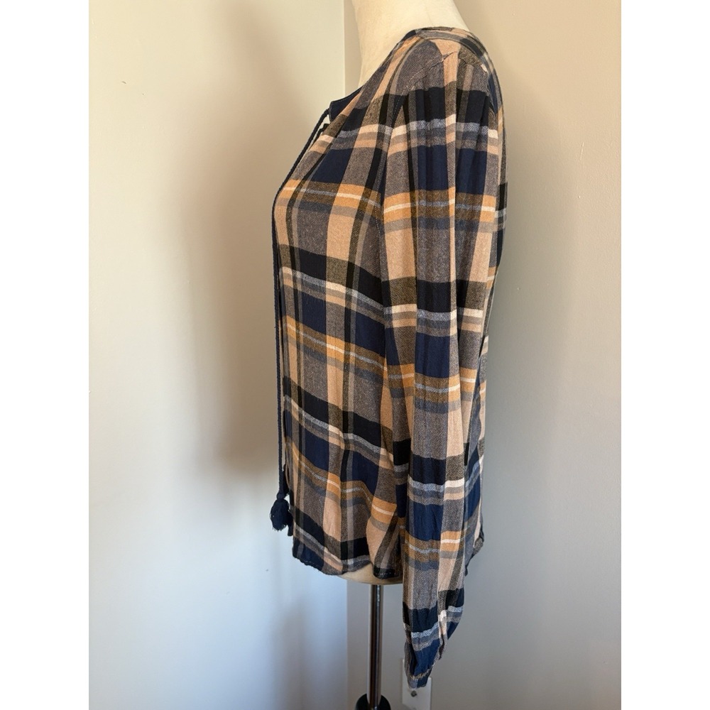 Liverpool Plaid Button Up Peasant Blouse Top Navy Blue Tan Tassel Tie S Small - Picture 5 of 9
